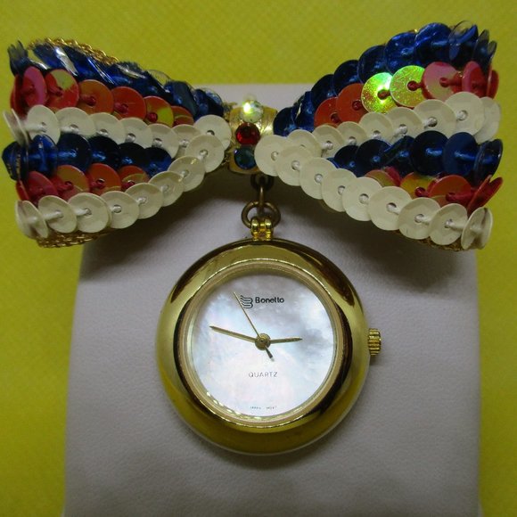 BONETTO Watch Red White Blue SEQUINS Gold Mesh Bow - Picture 2 of 7